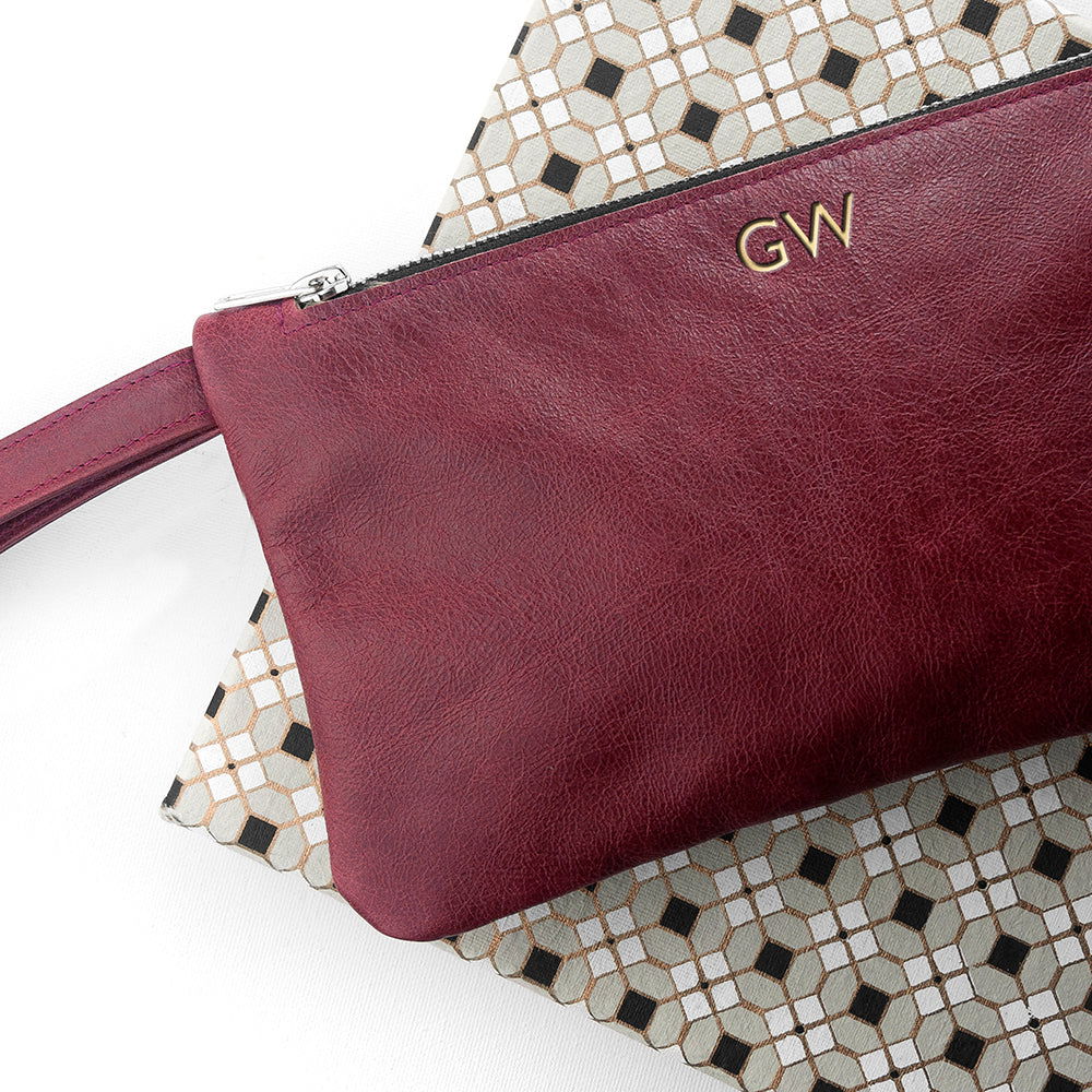 Monogrammed Burgundy Leather Clutch Bag - Lovesakes