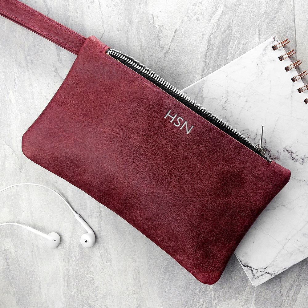 Monogrammed Burgundy Leather Clutch Bag - Lovesakes