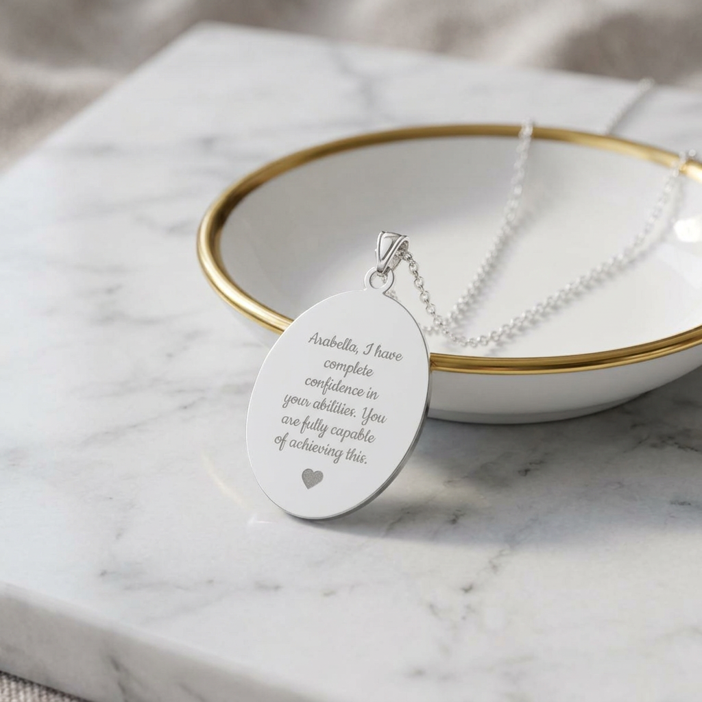 Silver necklace with an engraved pendant on a marble surface