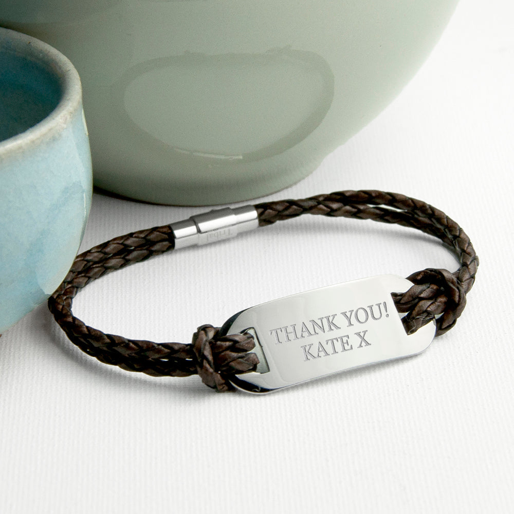 Personalized Men's Statement Woven Leather Bracelet In Brown - Lovesakes