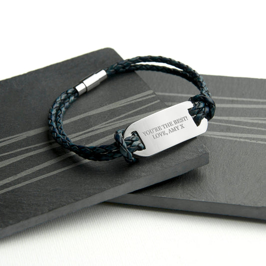 Engraved Men's Statement Leather Bracelet In Navy