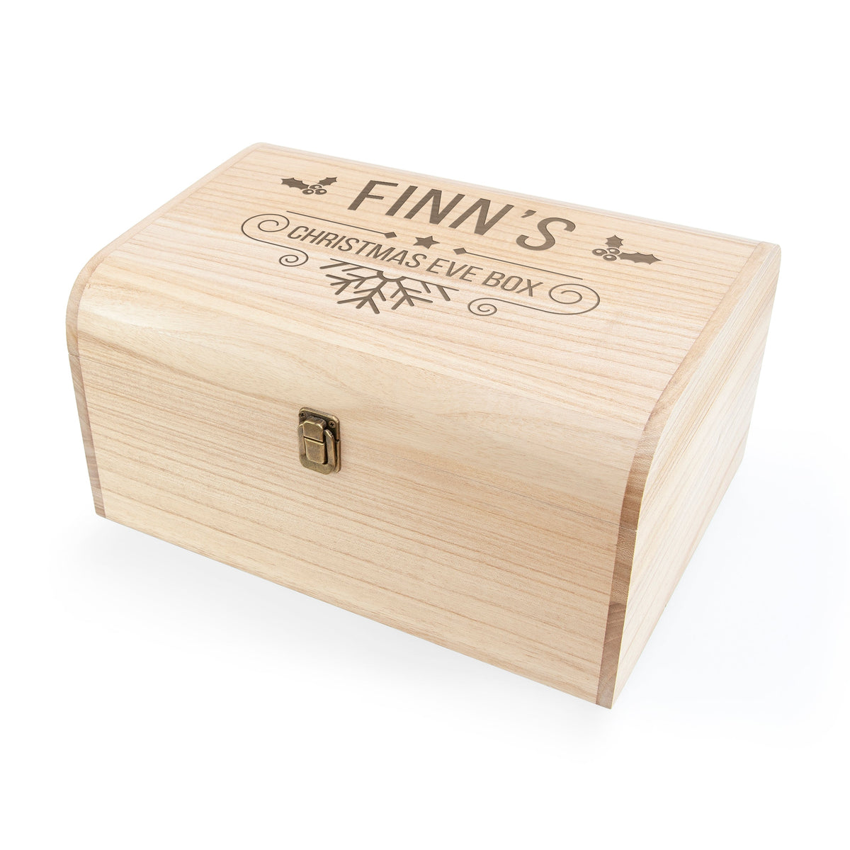 Wooden box engraved with 'Finn's Christmas Eve Box' on a white background