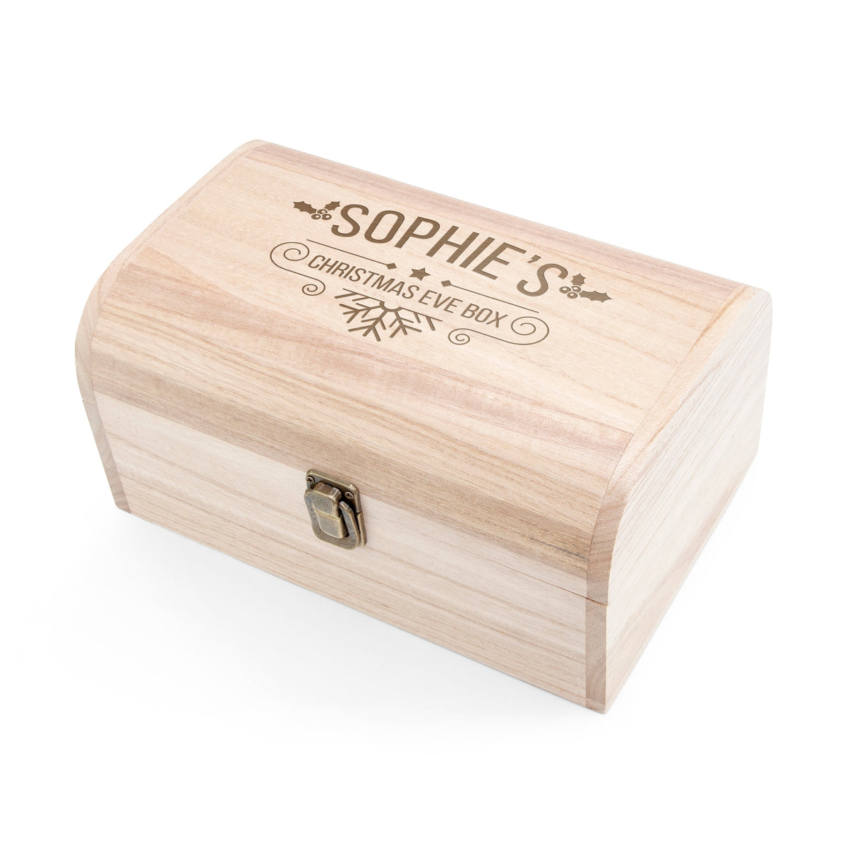 Wooden Christmas Eve box with name engraving on a white background