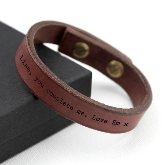 Engraved Men's Brown Leather Bracelet