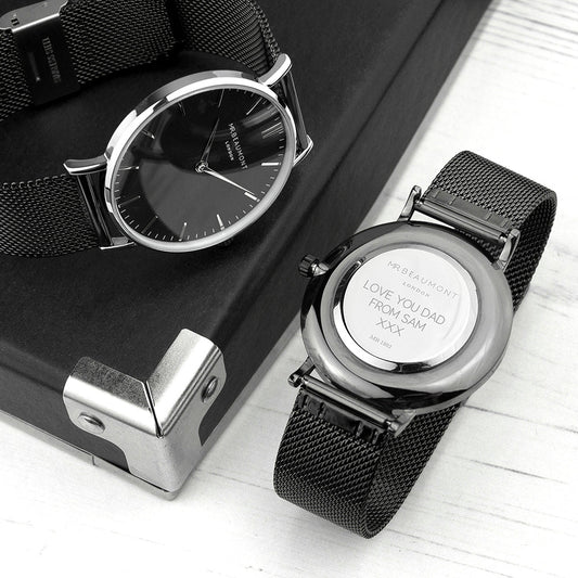 Men's Metallic Gray Watch | Custom Engraved | Black Face