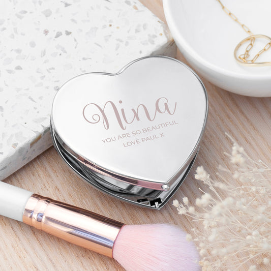 Personalised Silver Heart Compact Mirror