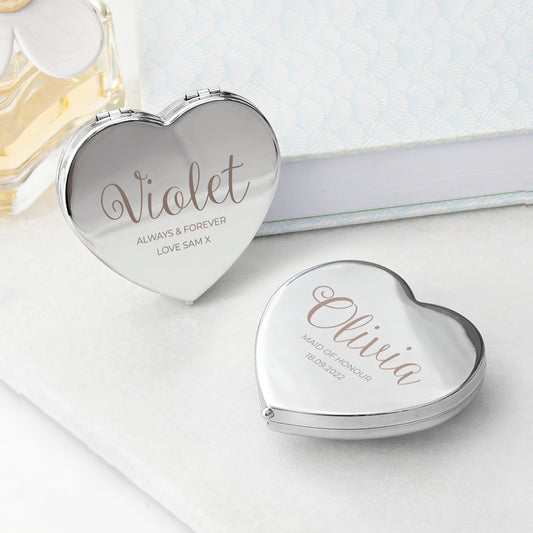Personalised Silver Heart Compact Mirror