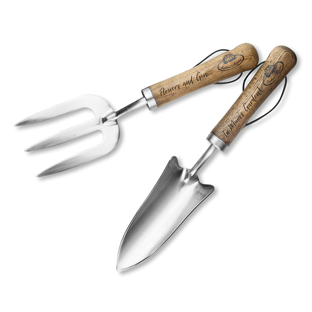 Custom-engraved-Gardening tools with wooden handles on a white background