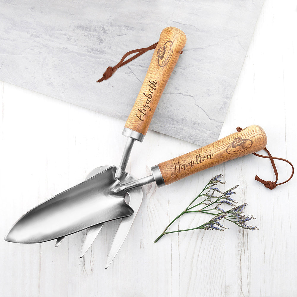personalized gardening trowel and fork set