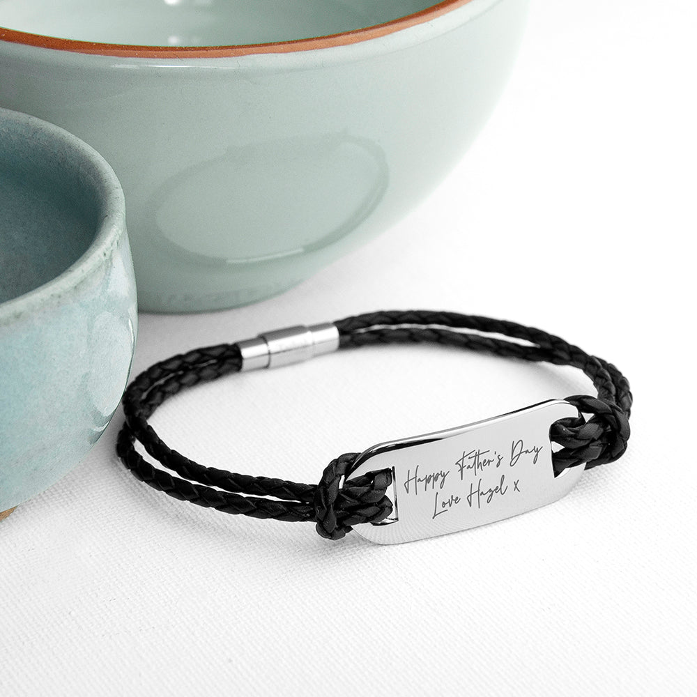 Personalized Handwriting Men's Black Leather Bracelet - Lovesakes