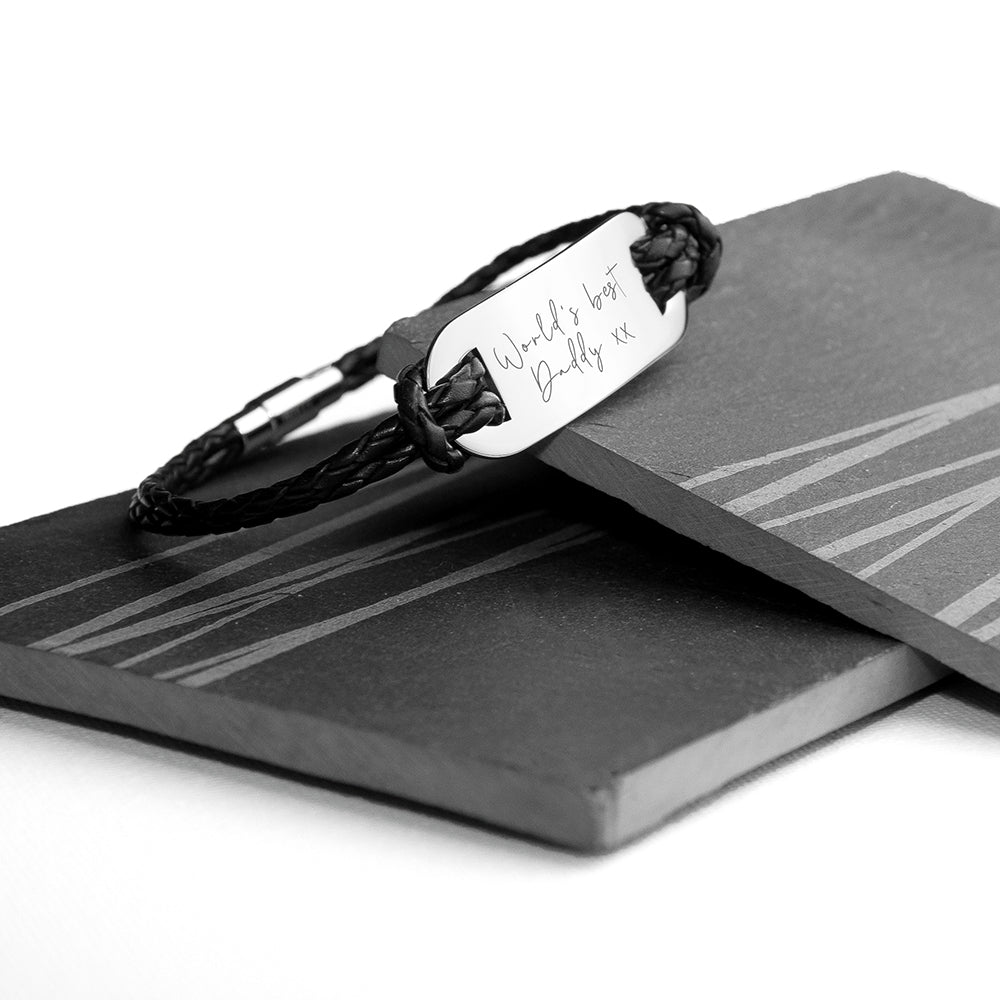 Black braided bracelet with engraved message on a black card-Men's Custom Handwriting Engraved Leather ID Plate Bracelet
