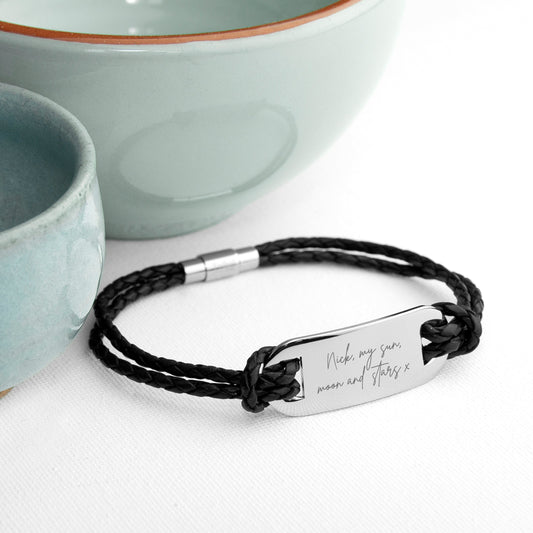 Engraved Handwriting Men's Black Leather Bracelet