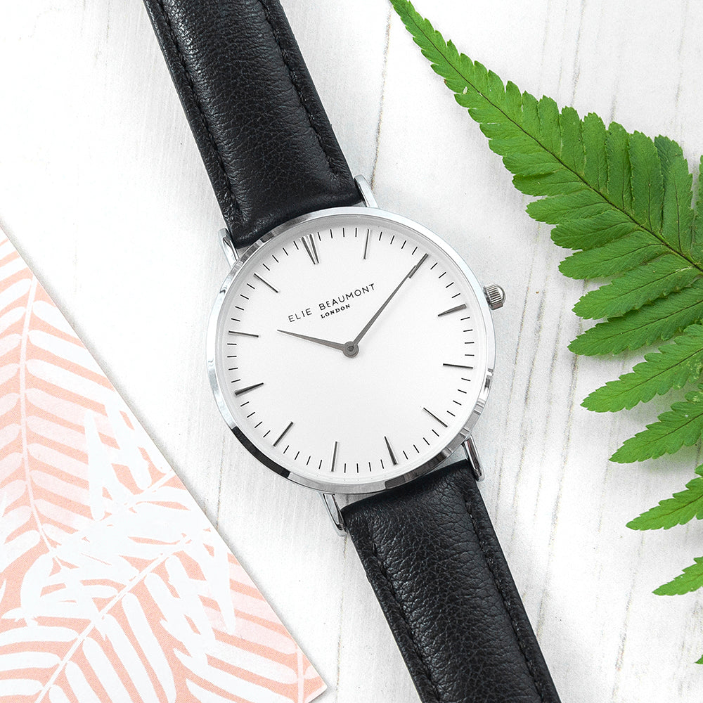 Personalized Handwriting Engaved Ladies Leather Watch in Black