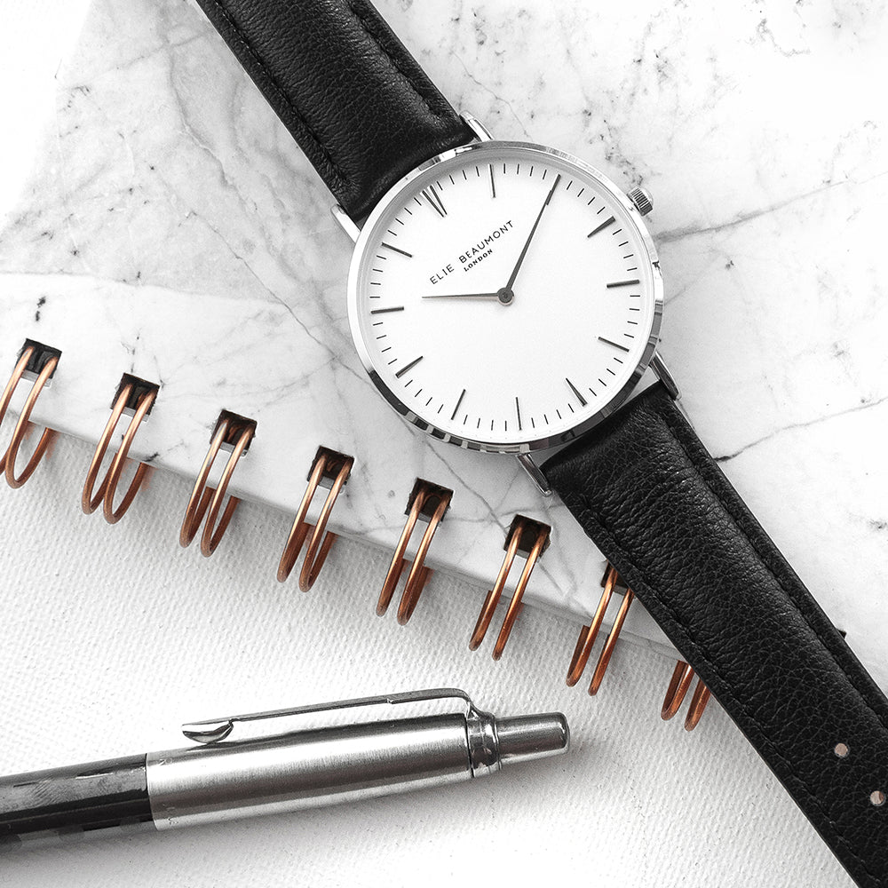 Personalized Handwriting Engaved Ladies Leather Watch in Black