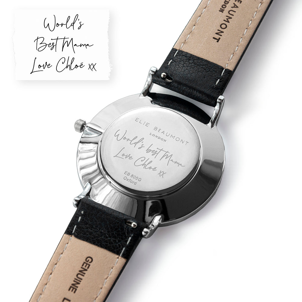 Personalized Handwriting Engaved Ladies Leather Watch in Black