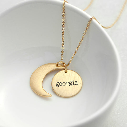 Engraved Matte Gold Moon and Sun Necklace