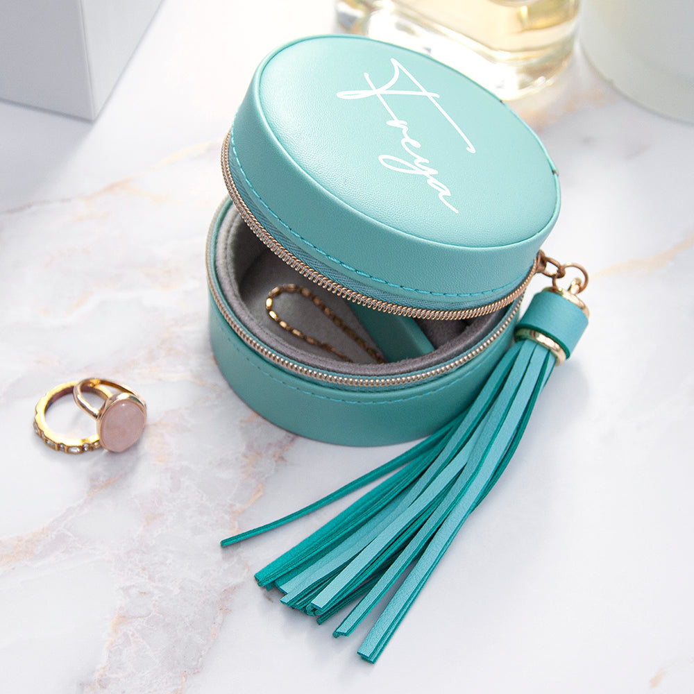 Personalised Turquoise Travel Jewellery Case with Tassel - Lovesakes