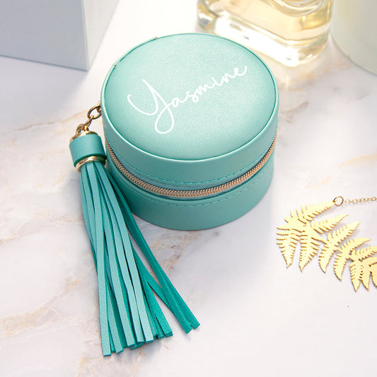 Personalised Turquoise Travel Jewellery Case with Tassel