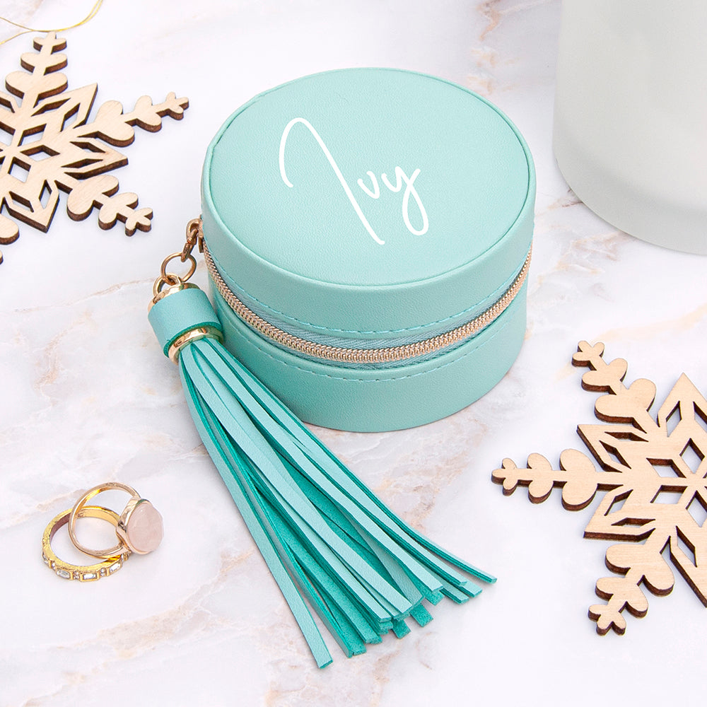 Personalised Turquoise Travel Jewellery Case with Tassel - Lovesakes