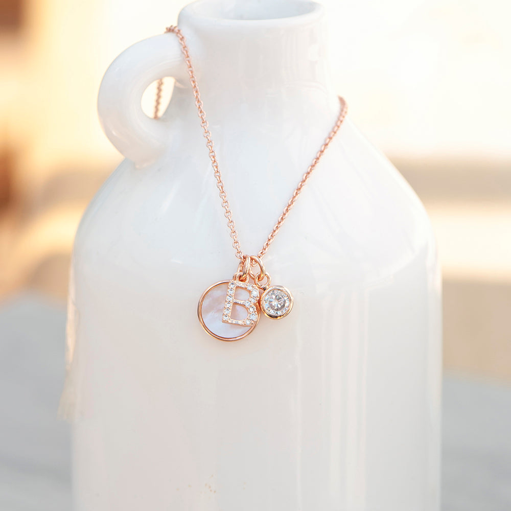 Rose Gold Initial Necklace with Mother of Pearl and Crystal Charms - Lovesakes