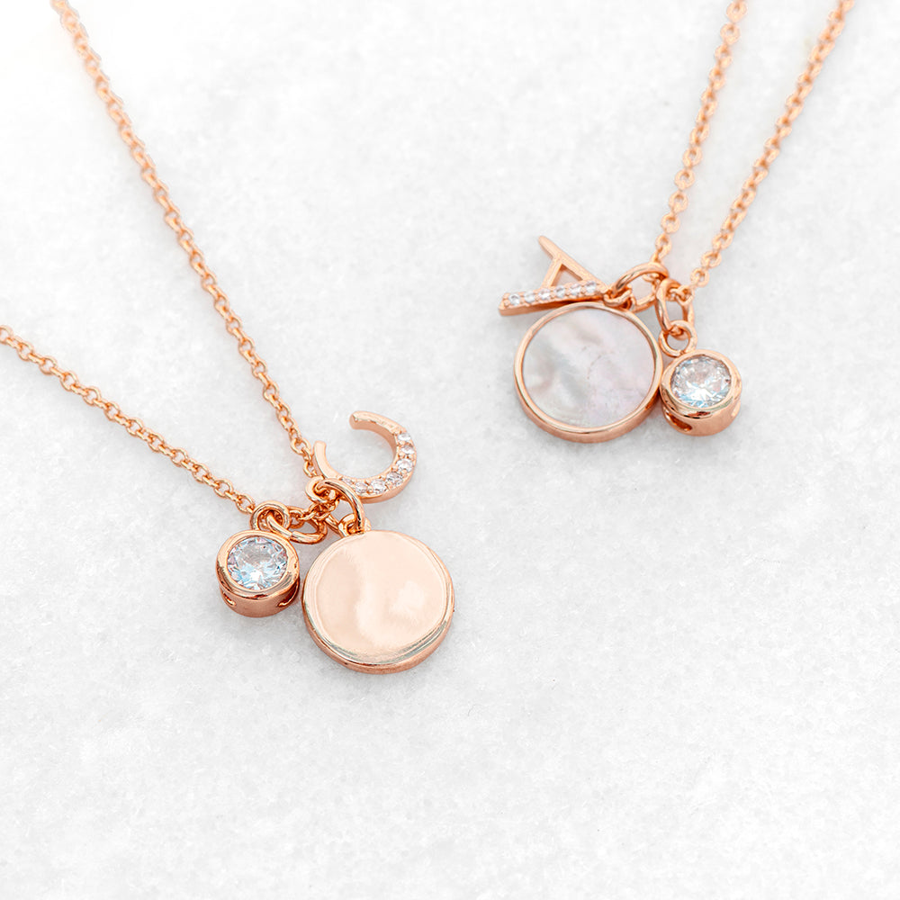 Rose Gold Initial Necklace with Mother of Pearl and Crystal Charms - Lovesakes