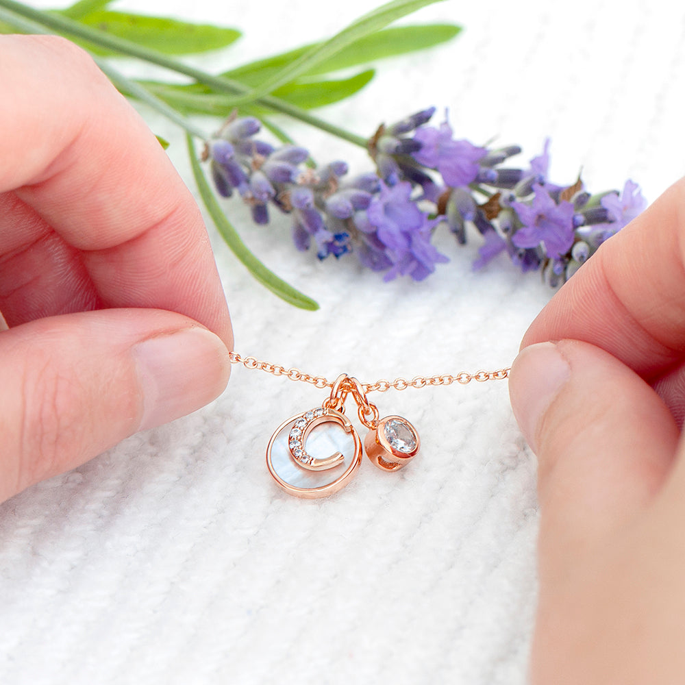 Rose Gold Initial Necklace with Mother of Pearl and Crystal Charms - Lovesakes