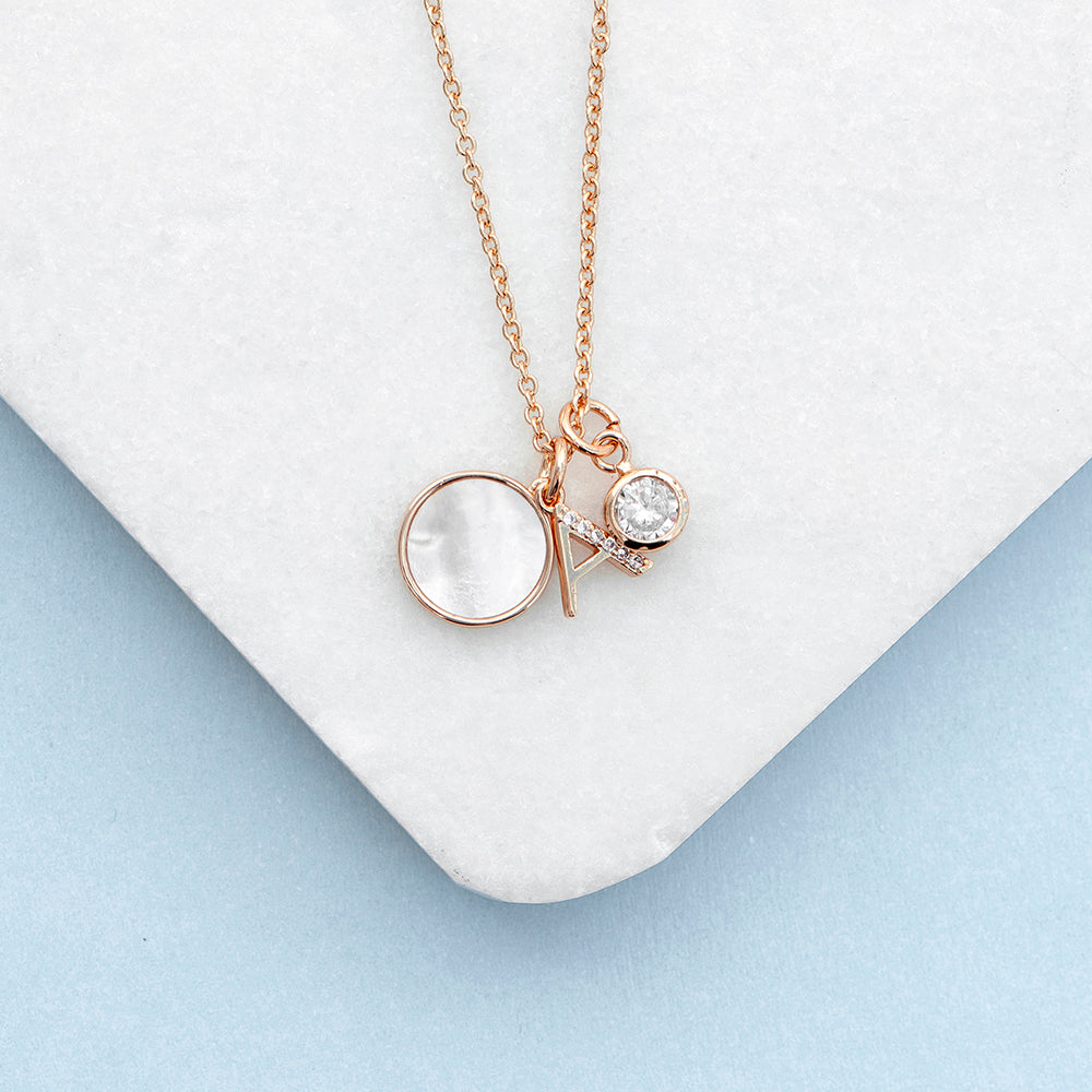 Rose Gold Initial Necklace with Mother of Pearl and Crystal Charms - Lovesakes