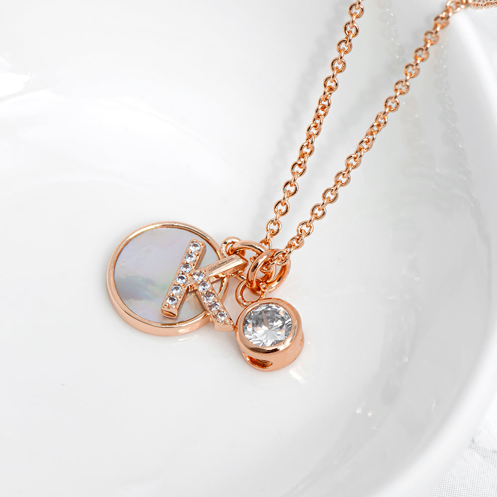 Rose Gold Initial Necklace with Mother of Pearl and Crystal Charms - Lovesakes