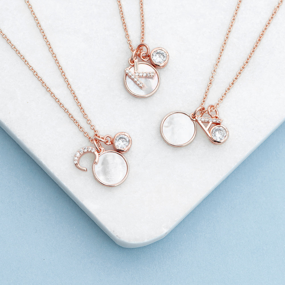 Rose Gold Initial Necklace with Mother of Pearl and Crystal Charms - Lovesakes