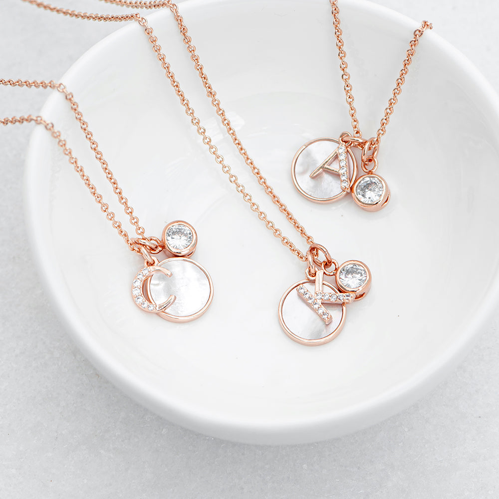 Rose Gold Initial Necklace with Mother of Pearl and Crystal Charms - Lovesakes