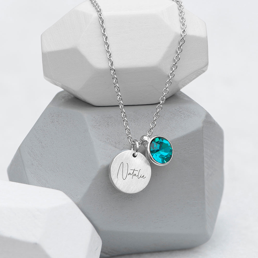 Personalized Silver Birthstone Crystal and Disc Necklace