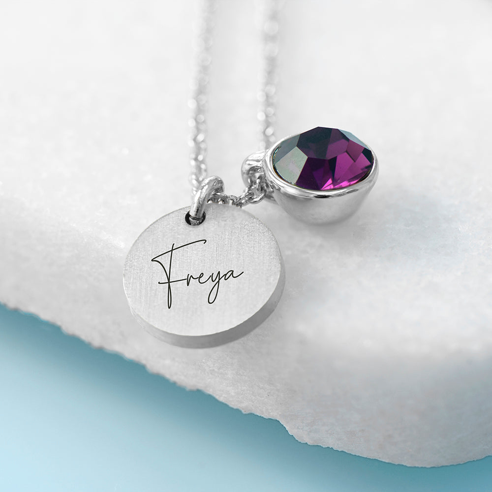 Personalized Silver Birthstone Crystal and Disc Necklace