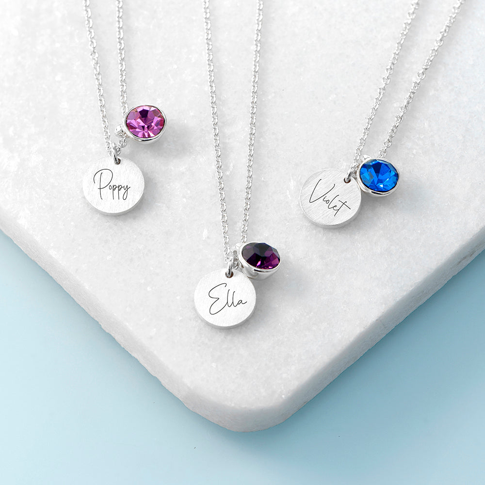 Personalized Silver Birthstone Crystal and Disc Necklace