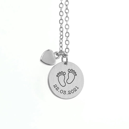 Engraved Baby Feet Matte Heart & Disc Necklace