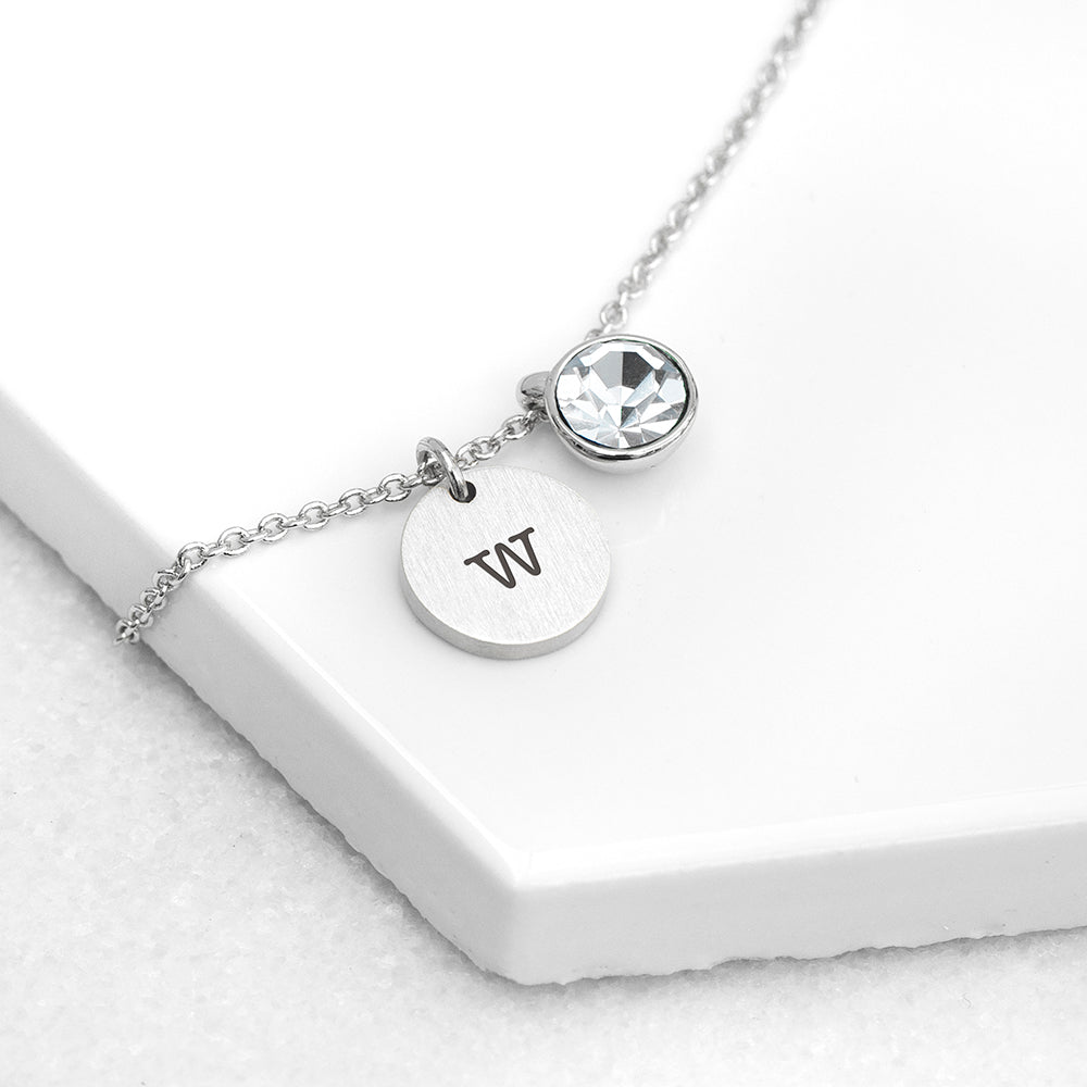 Personalized Monogram Silver Birthstone Crystal and Disc Necklace - Lovesakes