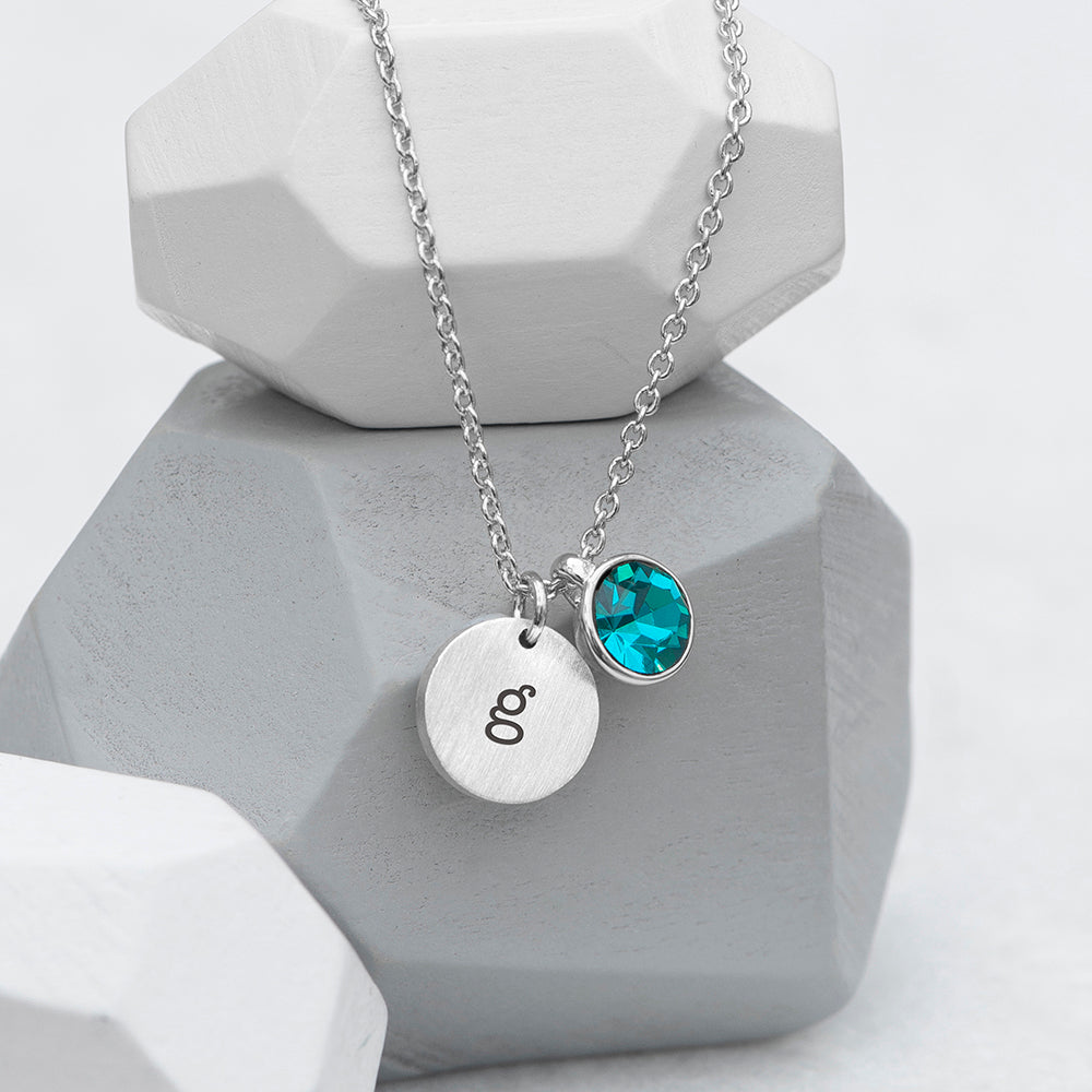 Personalized Monogram Silver Birthstone Crystal and Disc Necklace - Lovesakes