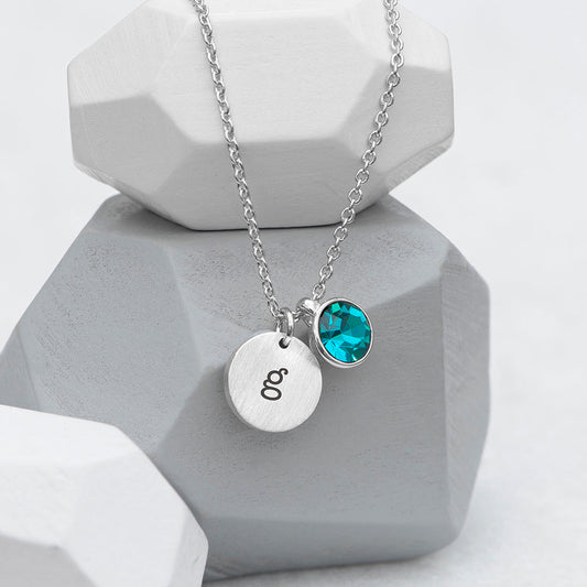 Engraved Monogram Silver Birthstone Crystal and Disc Necklace