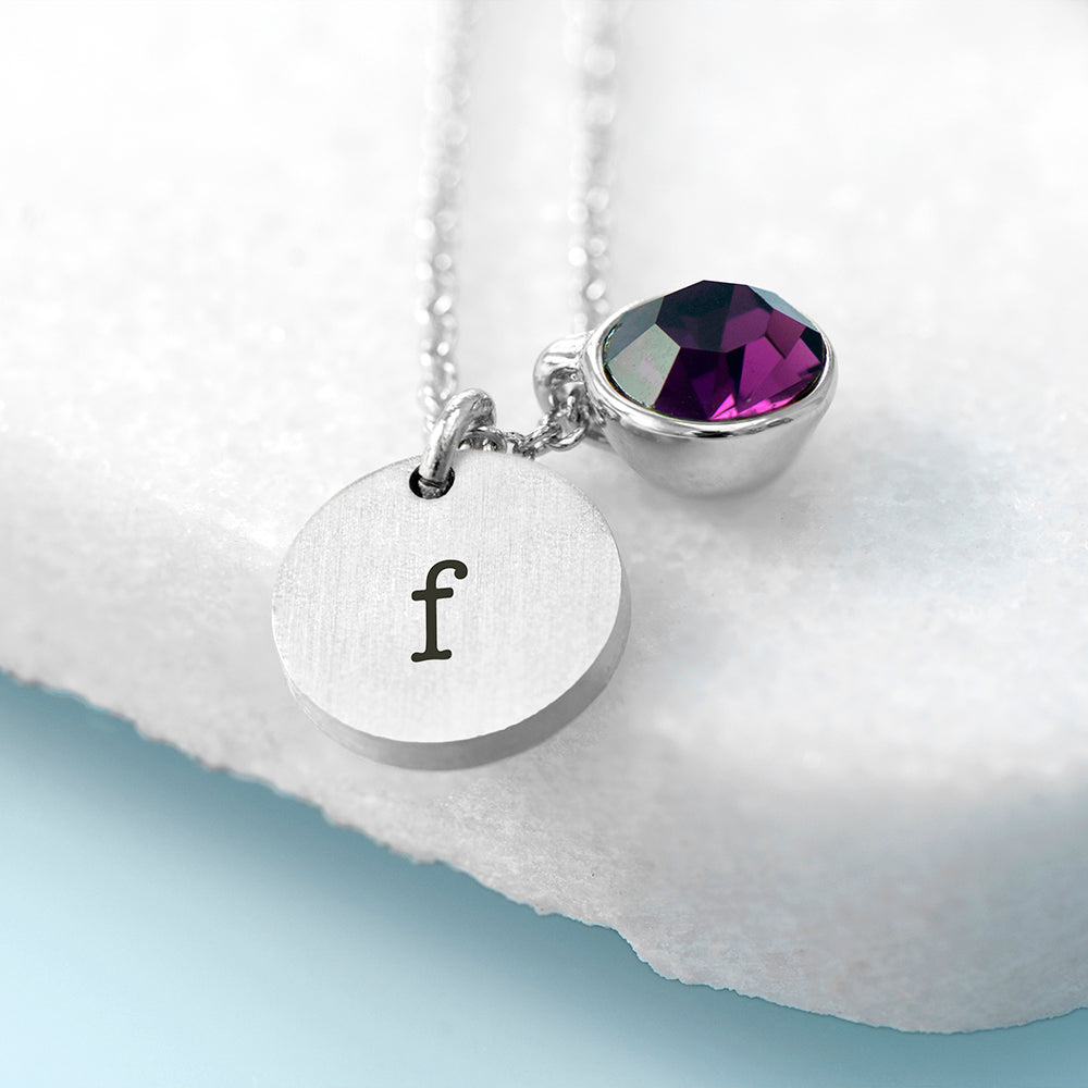 Personalized Monogram Silver Birthstone Crystal and Disc Necklace - Lovesakes