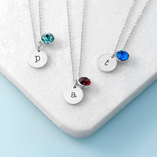 Engraved Monogram Silver Birthstone Crystal and Disc Necklace