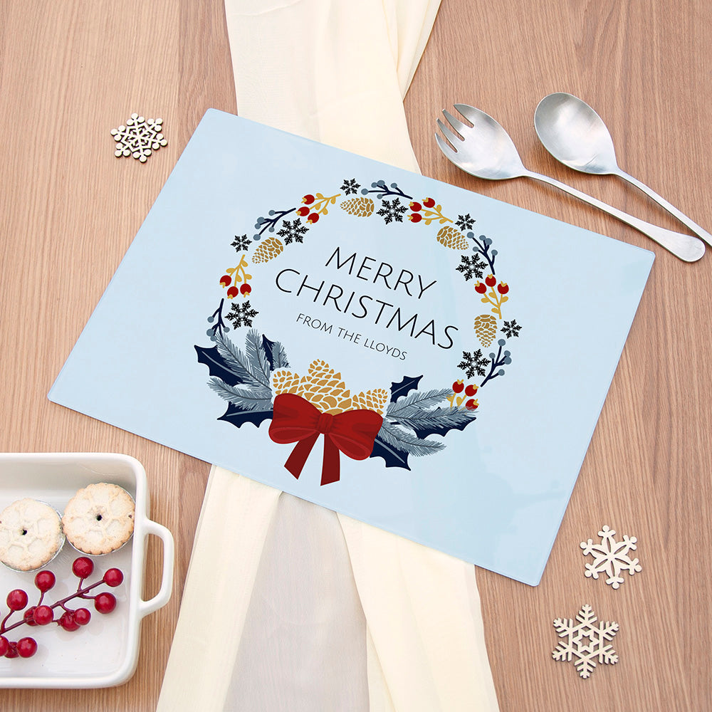 Personalised Christmas Wreath Glass Worktop Saver