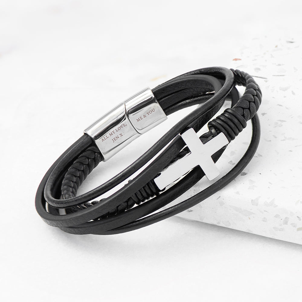 Personalized Men's Cross Leather Stacked Bracelet - Lovesakes