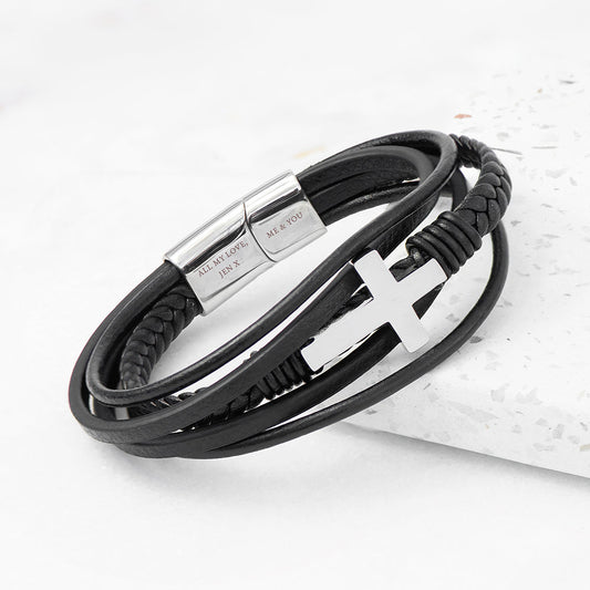 Engraved Men's Cross Leather Stacked Bracelet