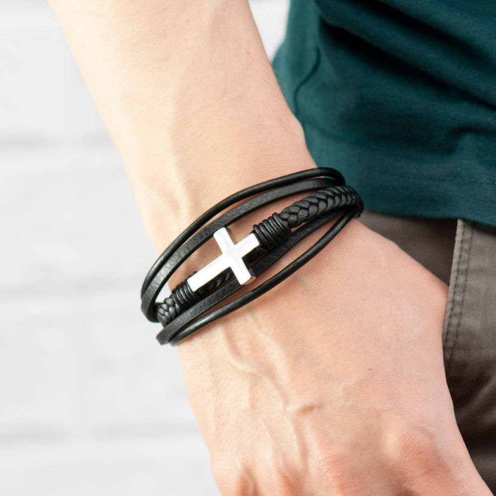 Personalized Men's Cross Leather Stacked Bracelet - Lovesakes