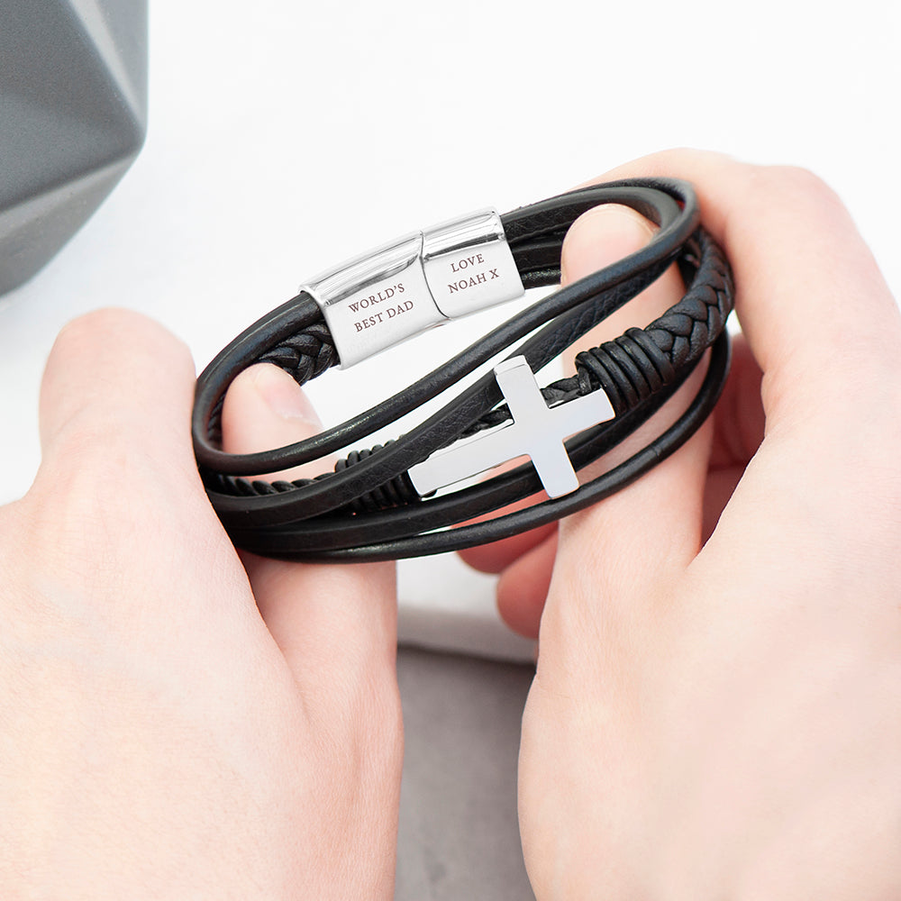 Personalized Men's Cross Leather Stacked Bracelet - Lovesakes