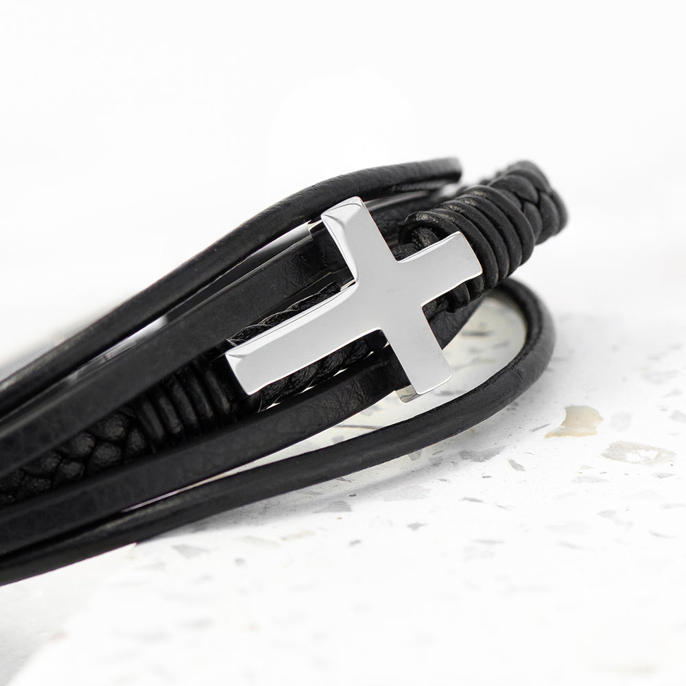 Personalized Men's Cross Leather Stacked Bracelet - Lovesakes