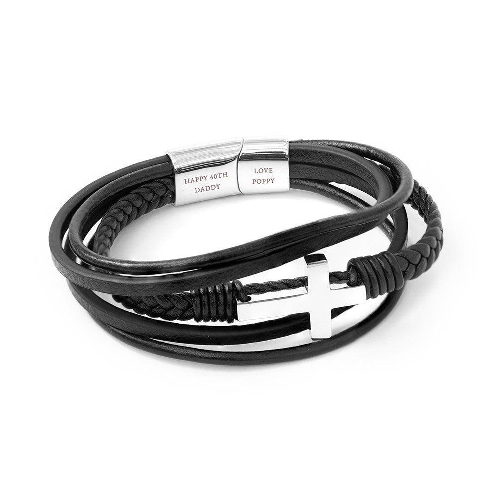 Personalized Men's Cross Leather Stacked Bracelet - Lovesakes