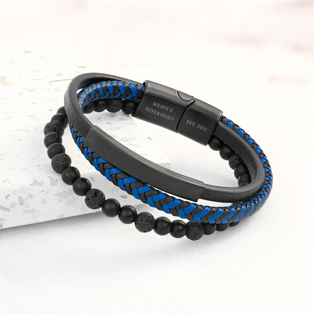 Personalized Men's Black Stone and Blue Cord Bracelet - Lovesakes