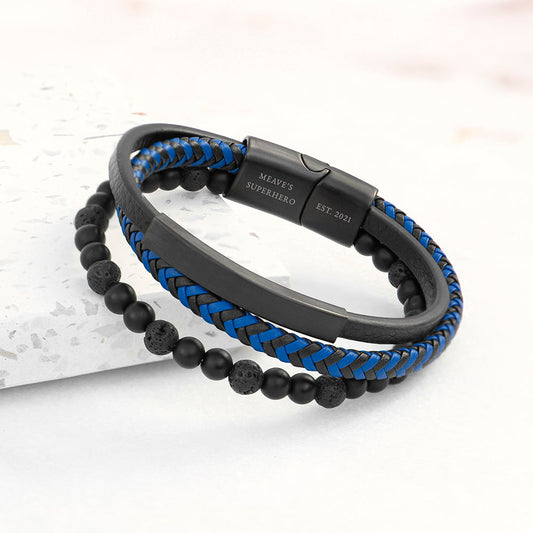 Engraved Men's Black Stone and Blue Cord Bracelet