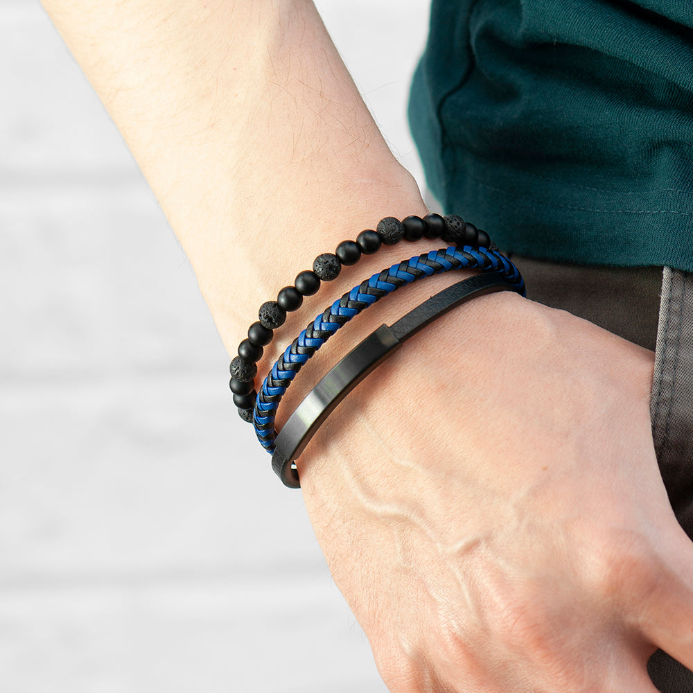 Personalized Men's Black Stone and Blue Cord Bracelet - Lovesakes