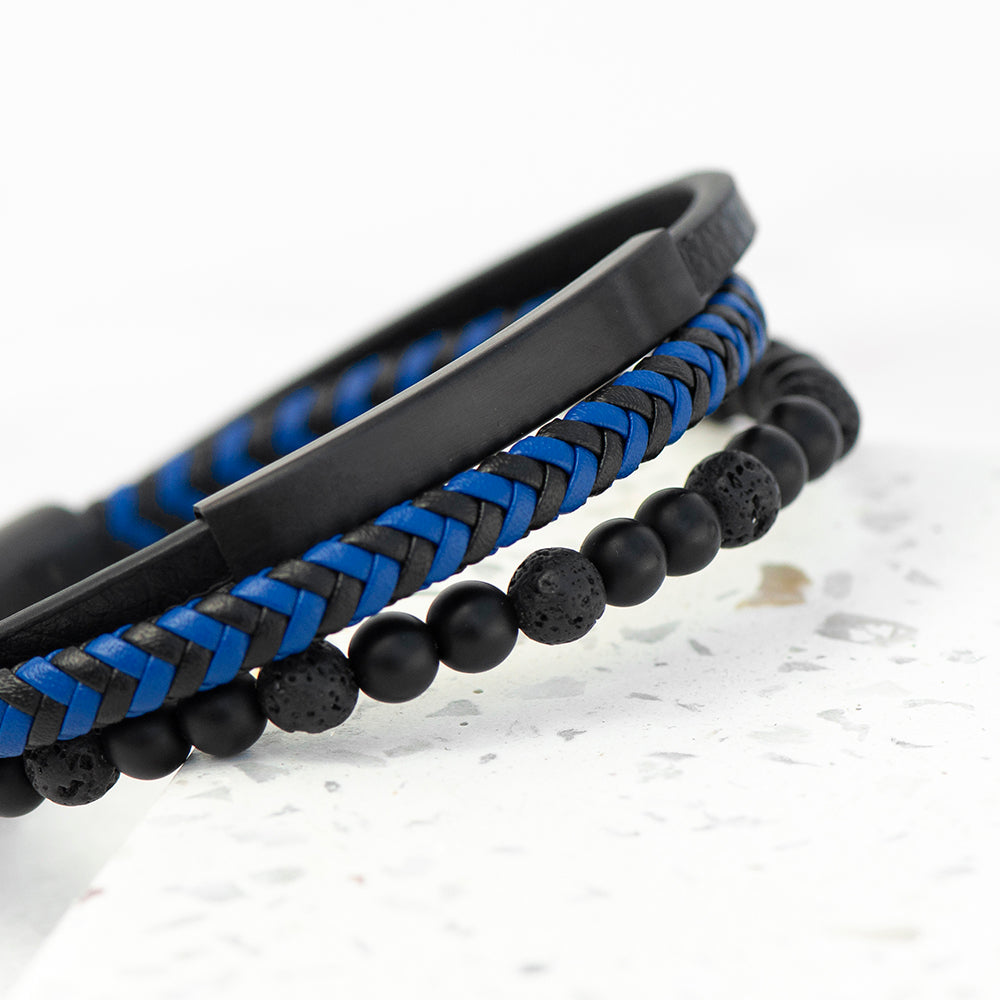 Personalized Men's Black Stone and Blue Cord Bracelet - Lovesakes